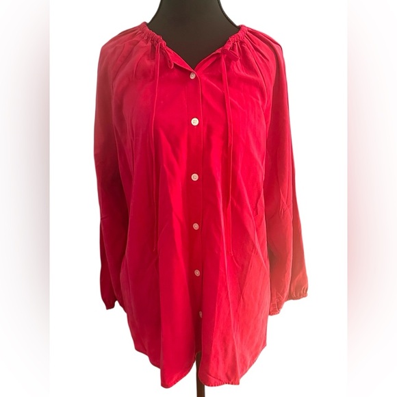 NWT Everlane Women's Red Fuchsia Tie Collar Silk Feel Blouse Size Medium - Picture 5 of 9